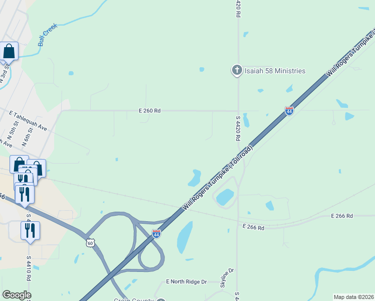 map of restaurants, bars, coffee shops, grocery stores, and more near 441775 East 260 Road in Vinita