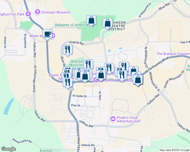 map of restaurants, bars, coffee shops, grocery stores, and more near 3027 Highway 76 in Branson