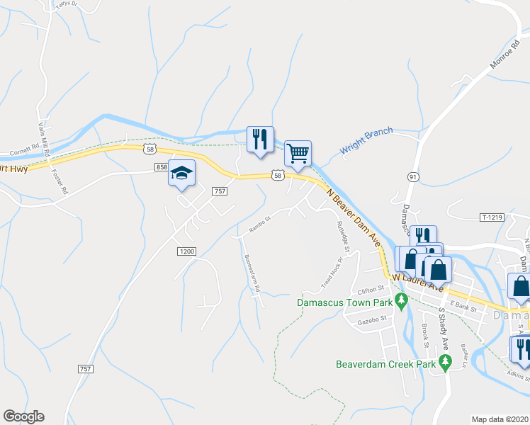 map of restaurants, bars, coffee shops, grocery stores, and more near 32209 Rambo Street in Damascus