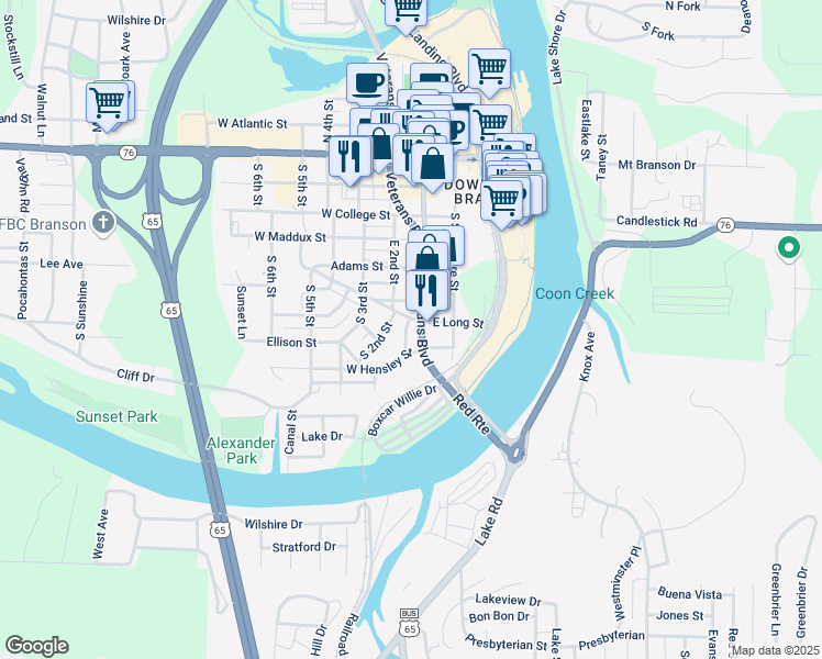 map of restaurants, bars, coffee shops, grocery stores, and more near 703 U.S. 65 Business in Branson