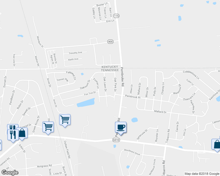 map of restaurants, bars, coffee shops, grocery stores, and more near 3408 Oak Park Terrace in Clarksville