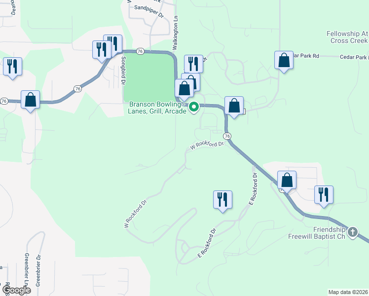 map of restaurants, bars, coffee shops, grocery stores, and more near 175 West Rockford Drive in Branson
