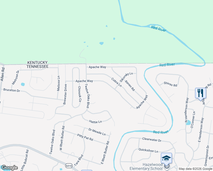 map of restaurants, bars, coffee shops, grocery stores, and more near 1544 Apache Way in Clarksville