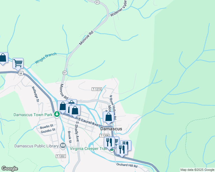 map of restaurants, bars, coffee shops, grocery stores, and more near 801 Hill Crest Avenue in Damascus