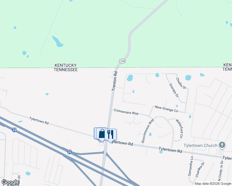 map of restaurants, bars, coffee shops, grocery stores, and more near 4255 Trenton Road in Clarksville