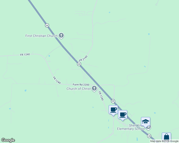 map of restaurants, bars, coffee shops, grocery stores, and more near Highway 39 in Shell Knob