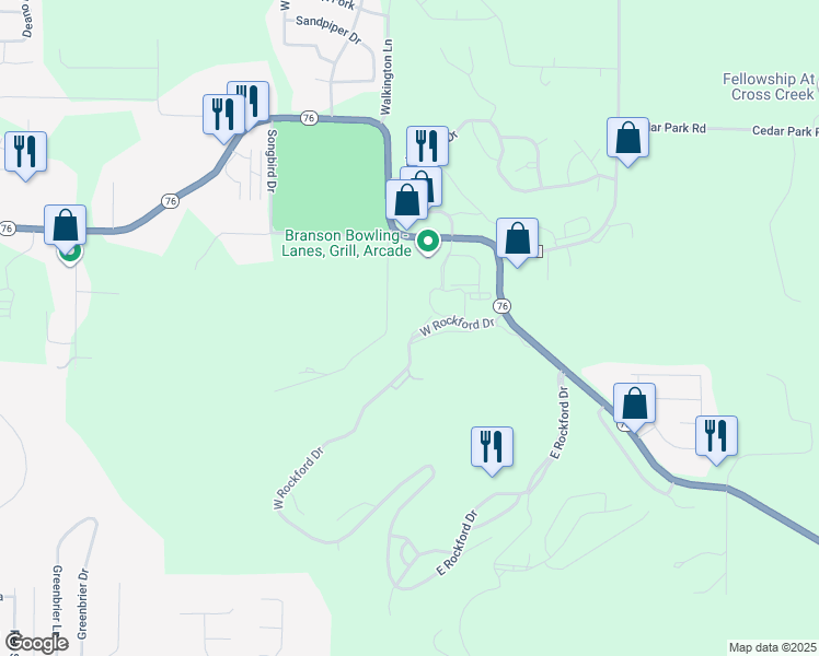 map of restaurants, bars, coffee shops, grocery stores, and more near 165 West Rockford Drive in Kirbyville