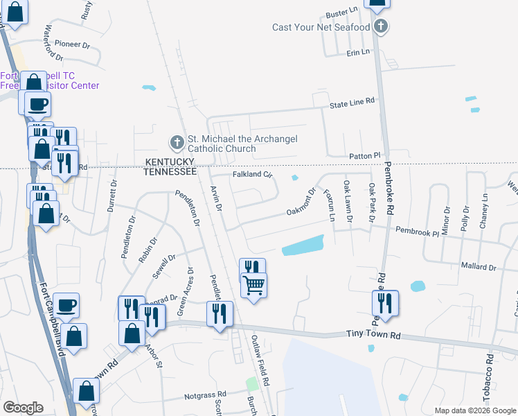 map of restaurants, bars, coffee shops, grocery stores, and more near 505 Falkland Circle in Clarksville