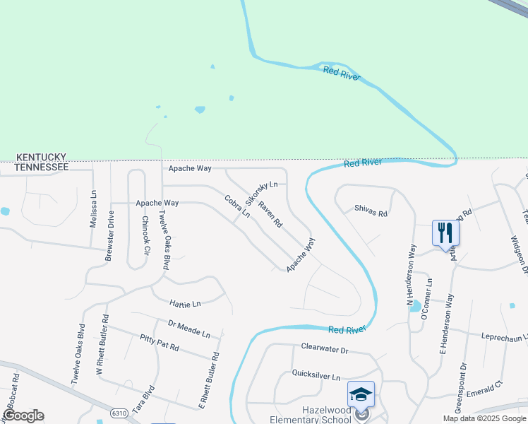map of restaurants, bars, coffee shops, grocery stores, and more near 1438 Raven Road in Clarksville