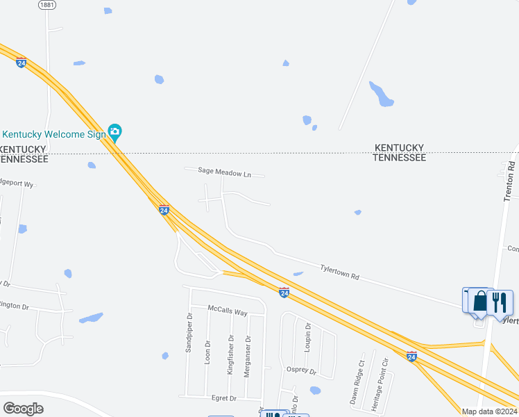 map of restaurants, bars, coffee shops, grocery stores, and more near 1762 Spring Water Drive in Clarksville