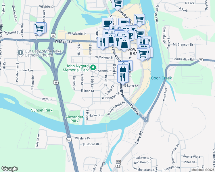 map of restaurants, bars, coffee shops, grocery stores, and more near 209 McFarland Street in Branson