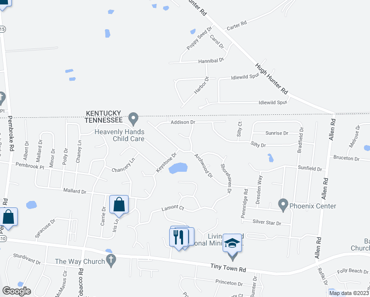 map of restaurants, bars, coffee shops, grocery stores, and more near 1263 Archwood Drive in Clarksville
