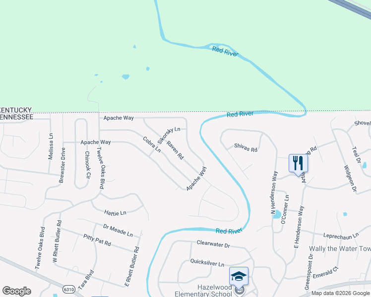 map of restaurants, bars, coffee shops, grocery stores, and more near 1681 Apache Way in Clarksville