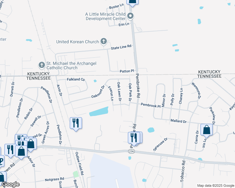 map of restaurants, bars, coffee shops, grocery stores, and more near 3422 Oak Lawn Dr in Clarksville