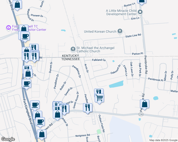 map of restaurants, bars, coffee shops, grocery stores, and more near 3477 Arvin Drive in Clarksville