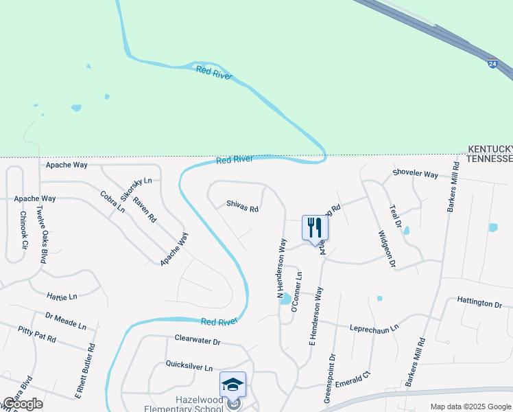 map of restaurants, bars, coffee shops, grocery stores, and more near 3394 Shivas Road in Clarksville