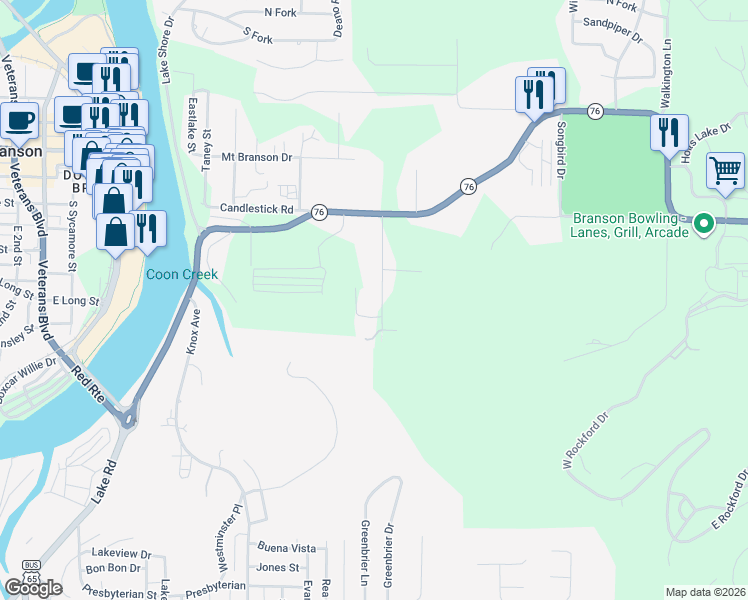 map of restaurants, bars, coffee shops, grocery stores, and more near 310 Auburn Road in Branson