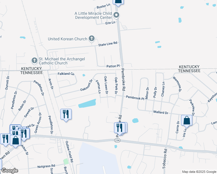 map of restaurants, bars, coffee shops, grocery stores, and more near 3422 Oak Lawn Drive in Clarksville