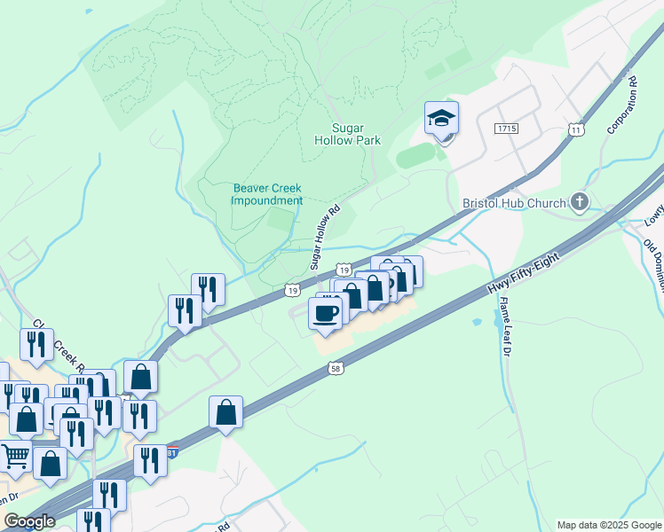 map of restaurants, bars, coffee shops, grocery stores, and more near 14081 Lee Highway in Bristol