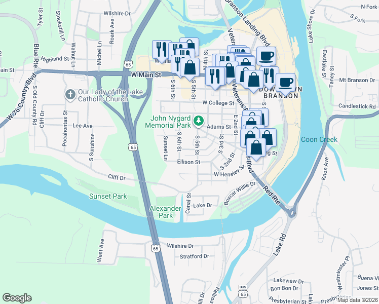 map of restaurants, bars, coffee shops, grocery stores, and more near 508 Brown Street in Branson