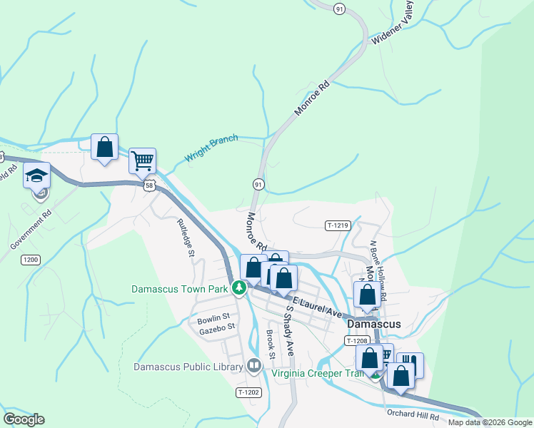 map of restaurants, bars, coffee shops, grocery stores, and more near 751 Damascus Drive in Damascus