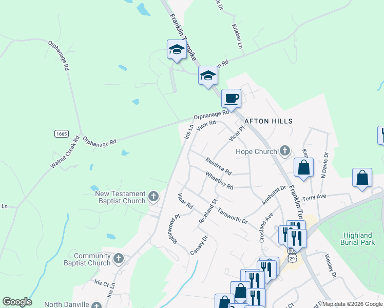 map of restaurants, bars, coffee shops, grocery stores, and more near Vicar Rd in Danville