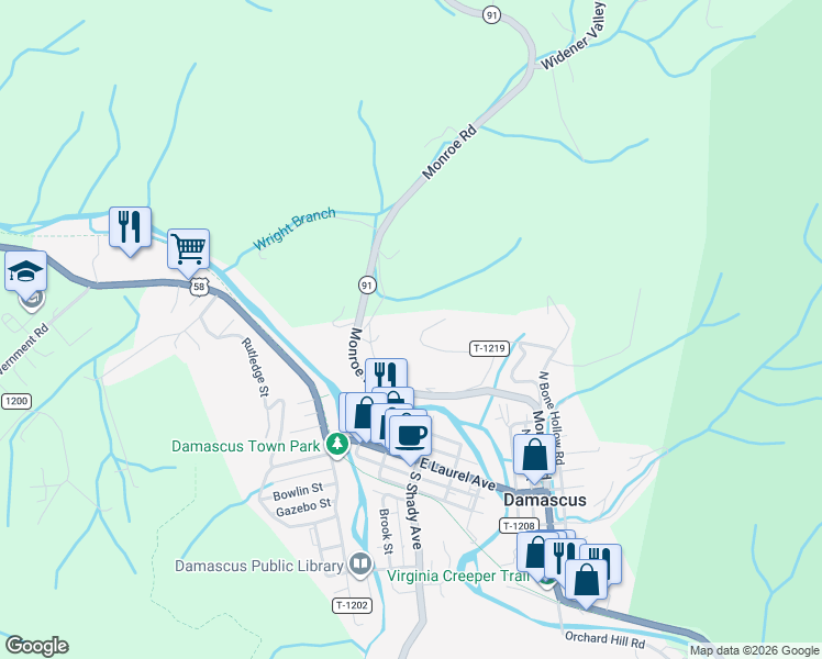 map of restaurants, bars, coffee shops, grocery stores, and more near 751 Damascus Drive in Damascus