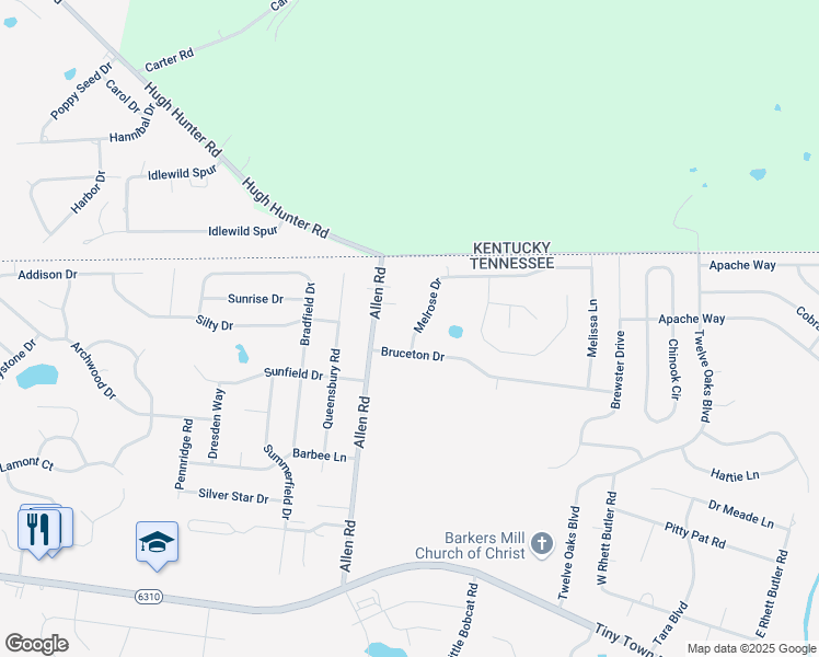 map of restaurants, bars, coffee shops, grocery stores, and more near 3414 Melrose Drive in Clarksville