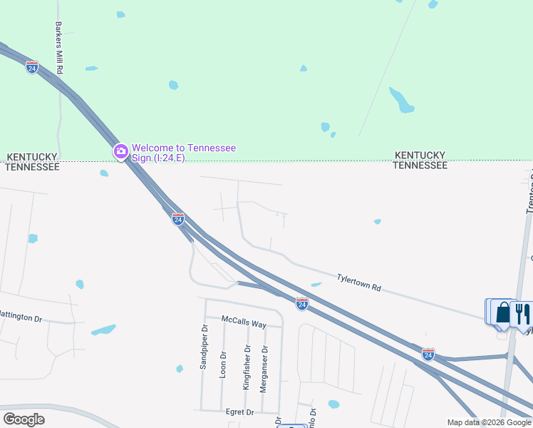 map of restaurants, bars, coffee shops, grocery stores, and more near 1766 Spring Water Drive in Clarksville