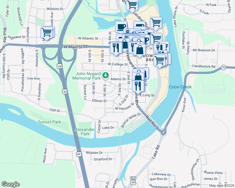 map of restaurants, bars, coffee shops, grocery stores, and more near 209 McFarland Street in Branson
