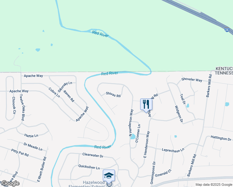 map of restaurants, bars, coffee shops, grocery stores, and more near 3394 Shivas Road in Clarksville