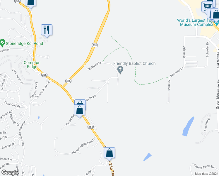 map of restaurants, bars, coffee shops, grocery stores, and more near 2905 Vineyards Parkway in Branson