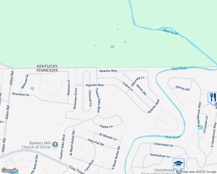 map of restaurants, bars, coffee shops, grocery stores, and more near 1520 Apache Way in Clarksville