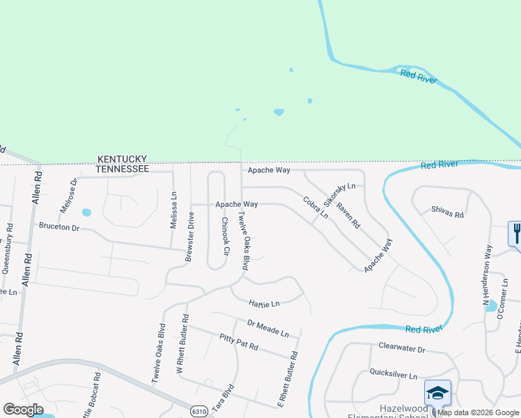 map of restaurants, bars, coffee shops, grocery stores, and more near 1512 Apache Way in Clarksville
