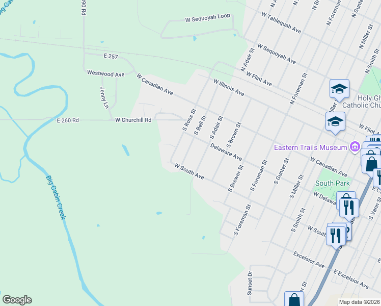 map of restaurants, bars, coffee shops, grocery stores, and more near 320 South Bell Street in Vinita
