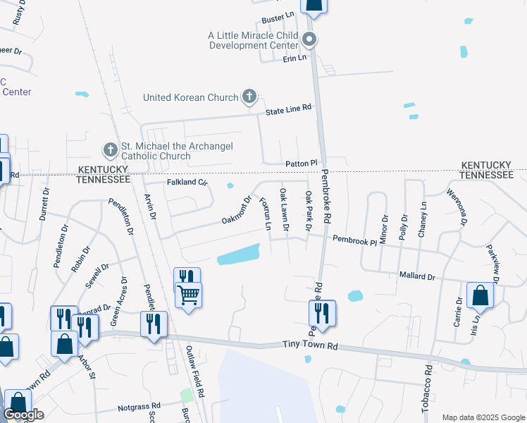 map of restaurants, bars, coffee shops, grocery stores, and more near 3438 Foxrun Lane in Clarksville
