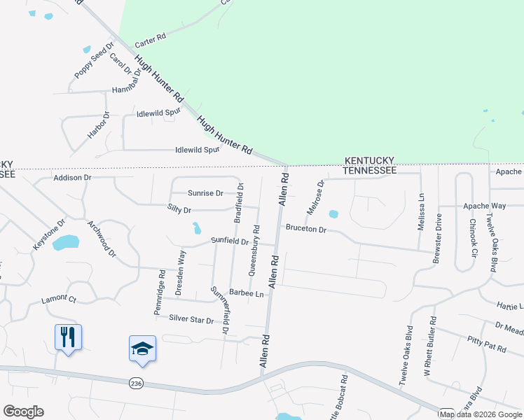 map of restaurants, bars, coffee shops, grocery stores, and more near 3426 Allen Road in Clarksville