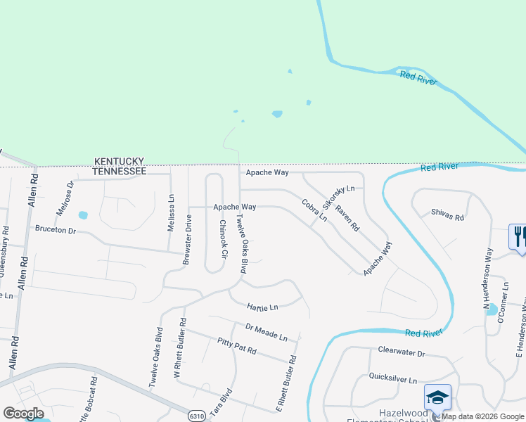 map of restaurants, bars, coffee shops, grocery stores, and more near 1516 Apache Way in Clarksville