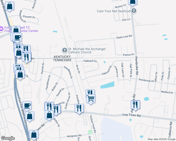 map of restaurants, bars, coffee shops, grocery stores, and more near 505 Falkland Circle in Clarksville