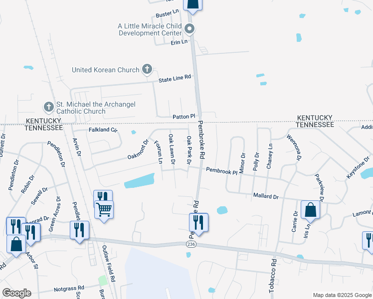 map of restaurants, bars, coffee shops, grocery stores, and more near 3414 Oak Park Drive in Clarksville