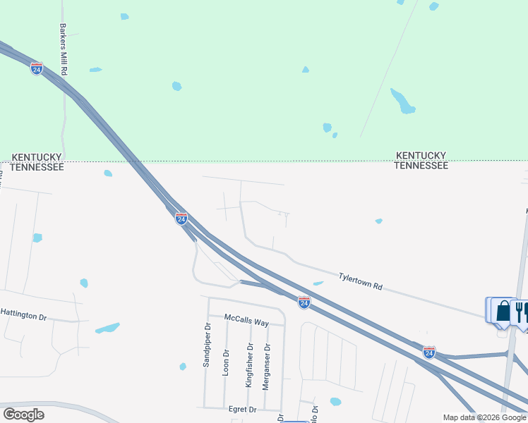 map of restaurants, bars, coffee shops, grocery stores, and more near 1768 Spring Water Drive in Clarksville