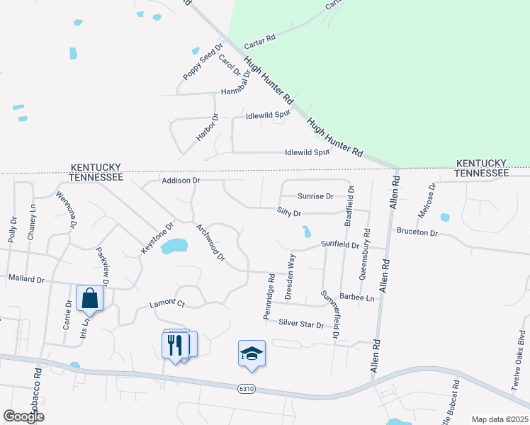 map of restaurants, bars, coffee shops, grocery stores, and more near 974 Silty Drive in Clarksville