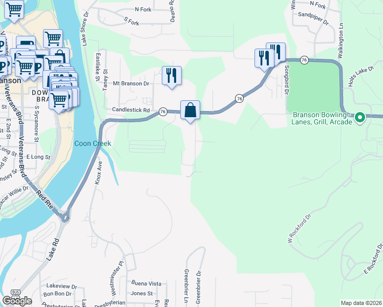 map of restaurants, bars, coffee shops, grocery stores, and more near 310 Auburn Road in Branson