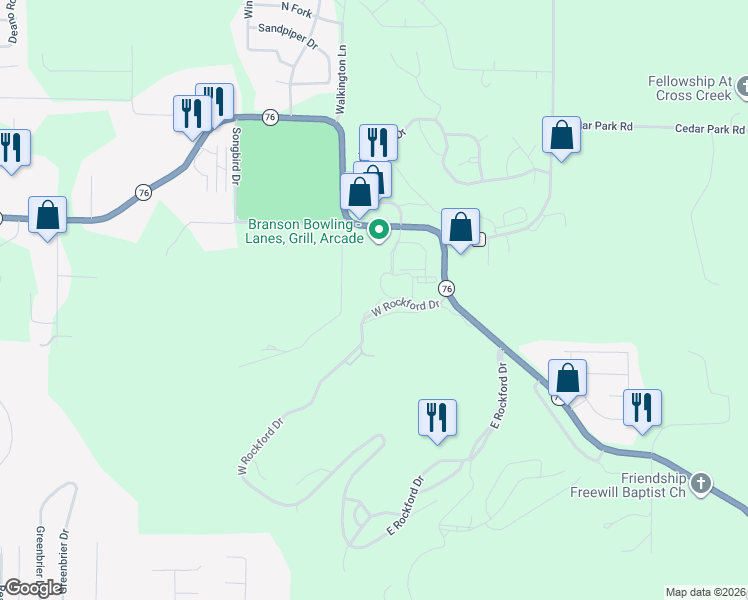 map of restaurants, bars, coffee shops, grocery stores, and more near 155 West Rockford Drive in Branson