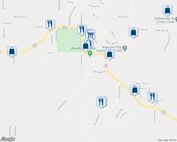 map of restaurants, bars, coffee shops, grocery stores, and more near 165 West Rockford Drive in Kirbyville