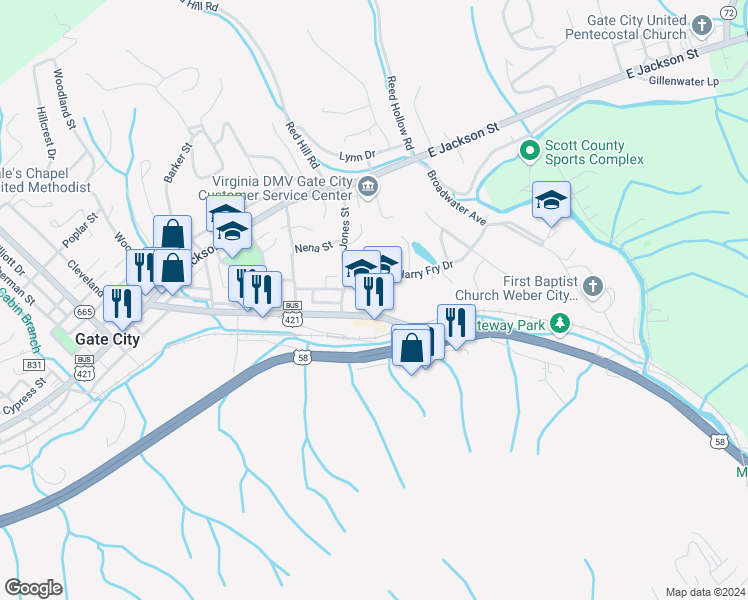 map of restaurants, bars, coffee shops, grocery stores, and more near 170 Harry Fry Drive in Gate City