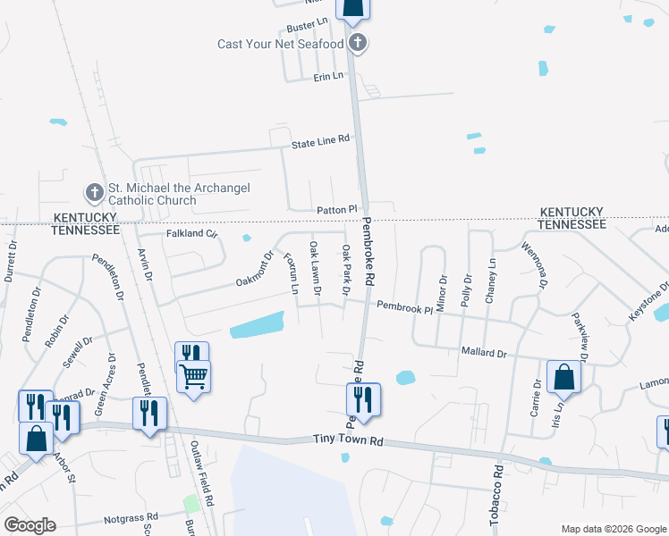 map of restaurants, bars, coffee shops, grocery stores, and more near 3414 Oak Park Drive in Clarksville