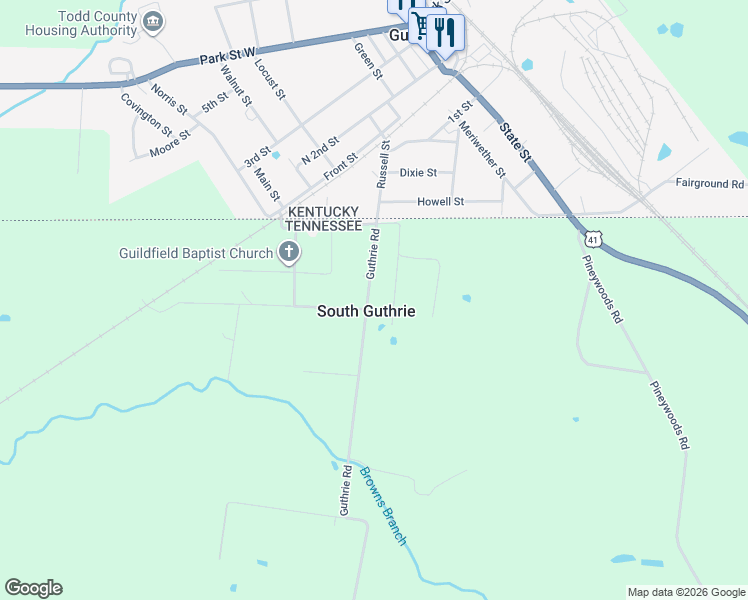 map of restaurants, bars, coffee shops, grocery stores, and more near 5125 Guthrie Road in Clarksville