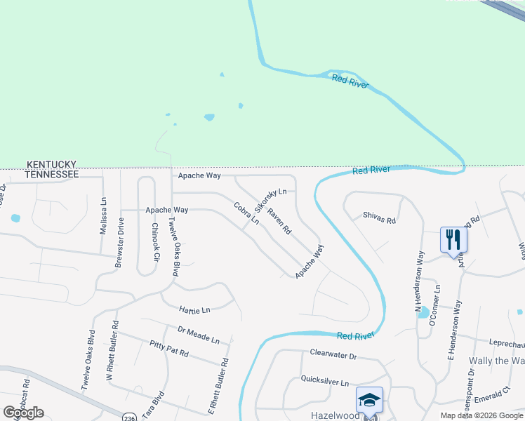 map of restaurants, bars, coffee shops, grocery stores, and more near 1438 Raven Road in Clarksville