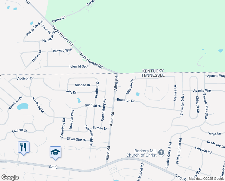 map of restaurants, bars, coffee shops, grocery stores, and more near 3426 Allen Road in Clarksville